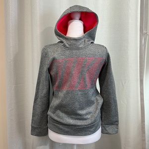 Nike sweatshirt in grey with hot pink and pockets.
